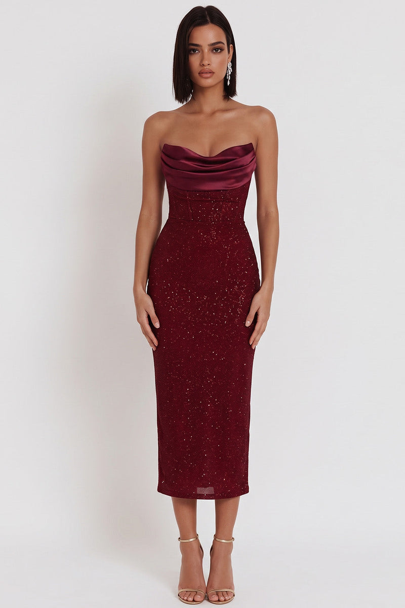 Load image into Gallery viewer, Glitter Burgundy Bodycon Corset Strapless Ruched Midi Wedding Guest Dress