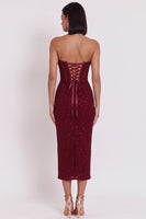 Load image into Gallery viewer, Glitter Burgundy Bodycon Corset Strapless Ruched Midi Wedding Guest Dress