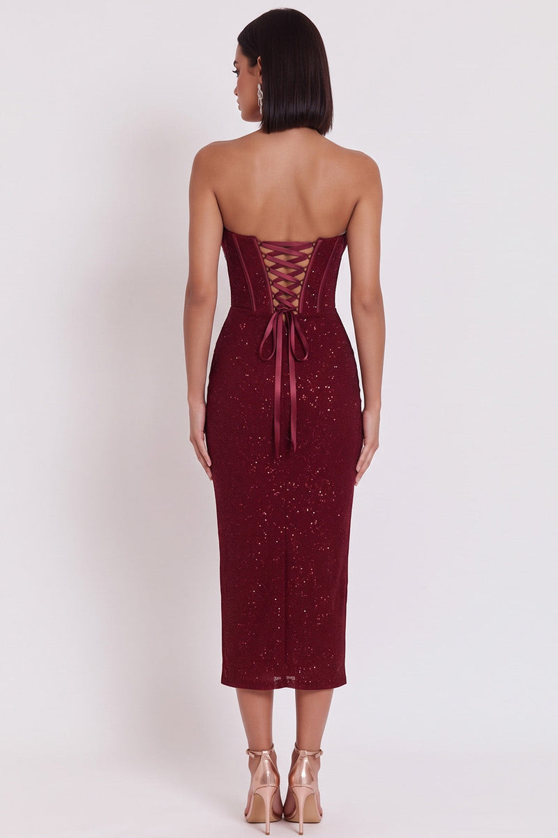 Load image into Gallery viewer, Glitter Burgundy Bodycon Corset Strapless Ruched Midi Wedding Guest Dress