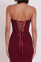 Load image into Gallery viewer, Glitter Burgundy Bodycon Corset Strapless Ruched Midi Wedding Guest Dress
