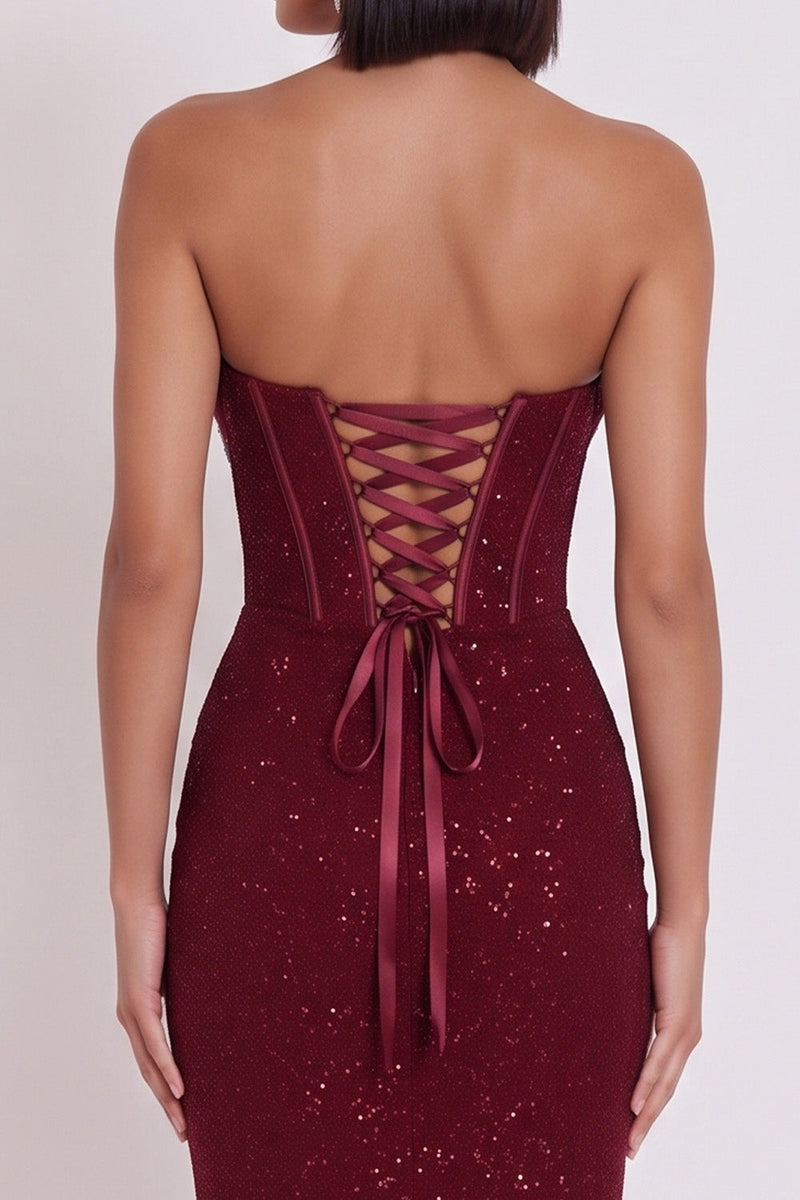 Load image into Gallery viewer, Glitter Burgundy Bodycon Corset Strapless Ruched Midi Wedding Guest Dress