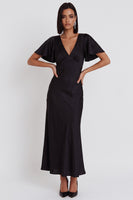 Load image into Gallery viewer, Simple Black Satin V-Neck Flutter Sleeves Long Wedding Guest Dress