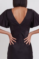 Load image into Gallery viewer, Simple Black Satin V-Neck Flutter Sleeves Long Wedding Guest Dress