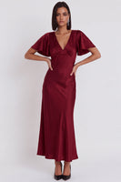 Load image into Gallery viewer, Simple Black Satin V-Neck Flutter Sleeves Long Wedding Guest Dress
