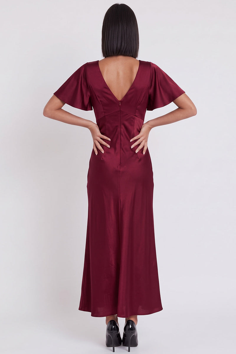 Load image into Gallery viewer, Simple Black Satin V-Neck Flutter Sleeves Long Wedding Guest Dress