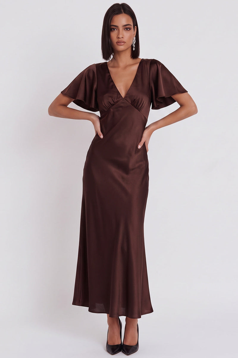 Load image into Gallery viewer, Simple Black Satin V-Neck Flutter Sleeves Long Wedding Guest Dress