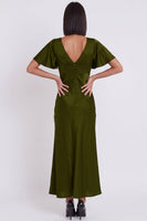 Load image into Gallery viewer, Simple Black Satin V-Neck Flutter Sleeves Long Wedding Guest Dress