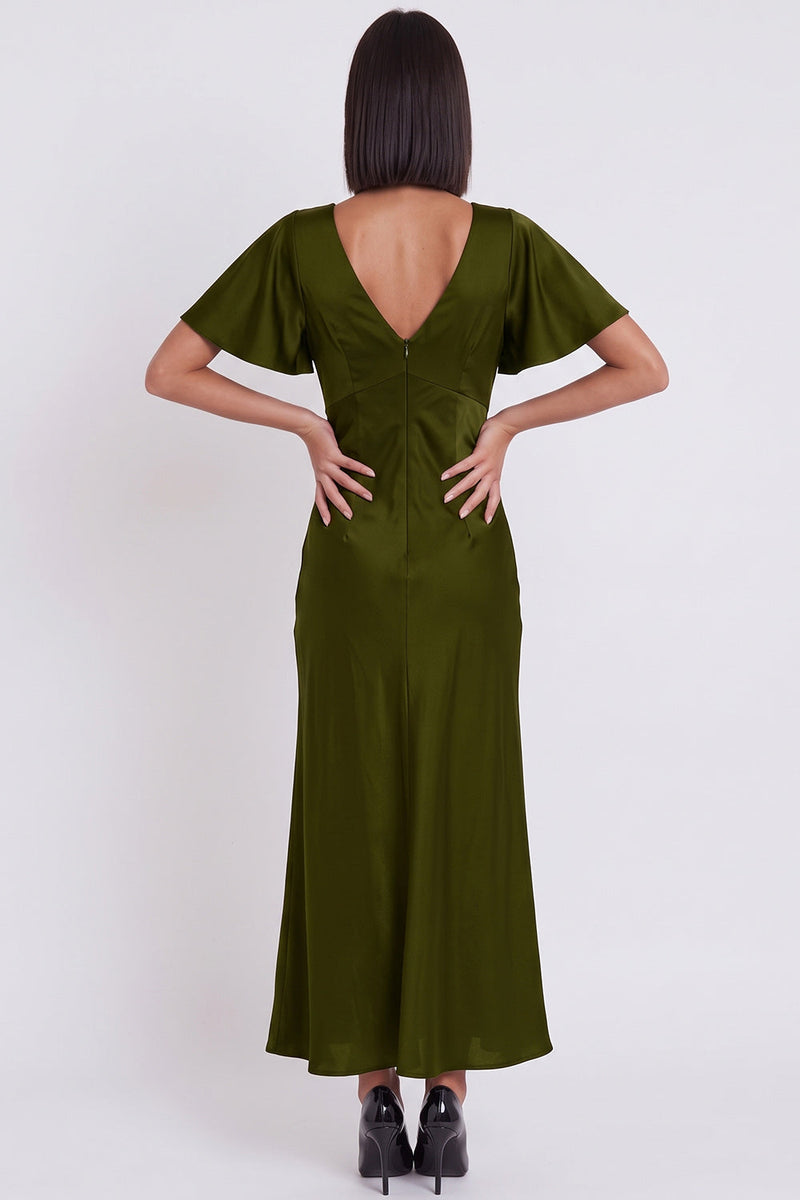Load image into Gallery viewer, Simple Black Satin V-Neck Flutter Sleeves Long Wedding Guest Dress