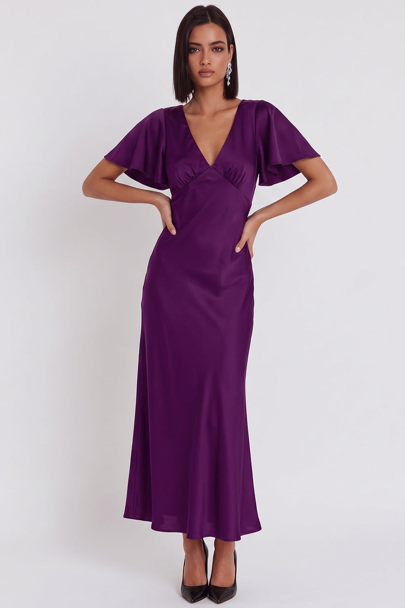 Load image into Gallery viewer, Simple Black Satin V-Neck Flutter Sleeves Long Wedding Guest Dress