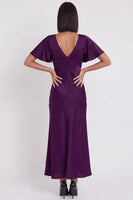 Load image into Gallery viewer, Simple Black Satin V-Neck Flutter Sleeves Long Wedding Guest Dress