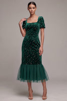 Load image into Gallery viewer, Dark Green Sparkly Mermaid Star Print Velvet Square Neck Long Formal Dress