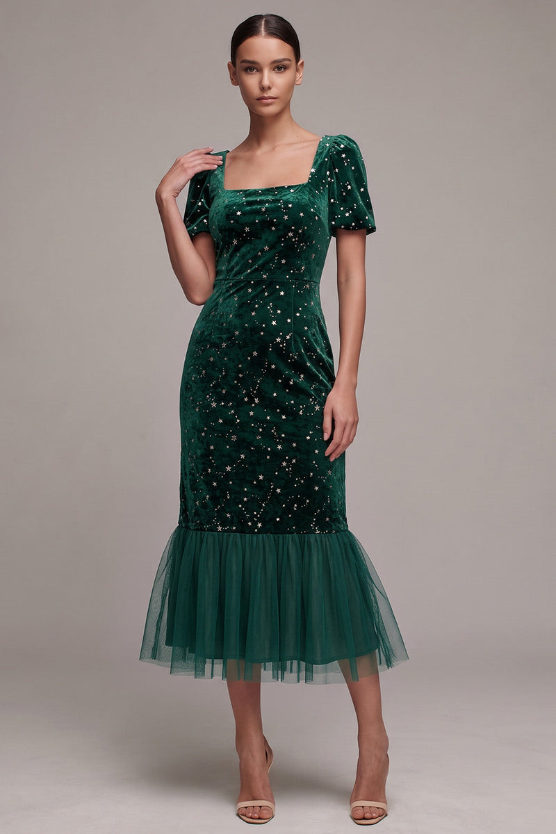 Load image into Gallery viewer, Dark Green Sparkly Mermaid Star Print Velvet Square Neck Long Formal Dress