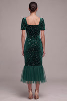 Load image into Gallery viewer, Dark Green Sparkly Mermaid Star Print Velvet Square Neck Long Formal Dress