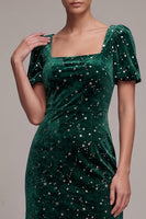 Load image into Gallery viewer, Dark Green Sparkly Mermaid Star Print Velvet Square Neck Long Formal Dress