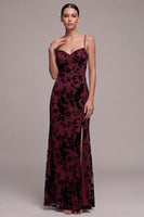 Load image into Gallery viewer, Floral Burgundy Spaghetti Straps Sheath Long Formal Dress with Slit
