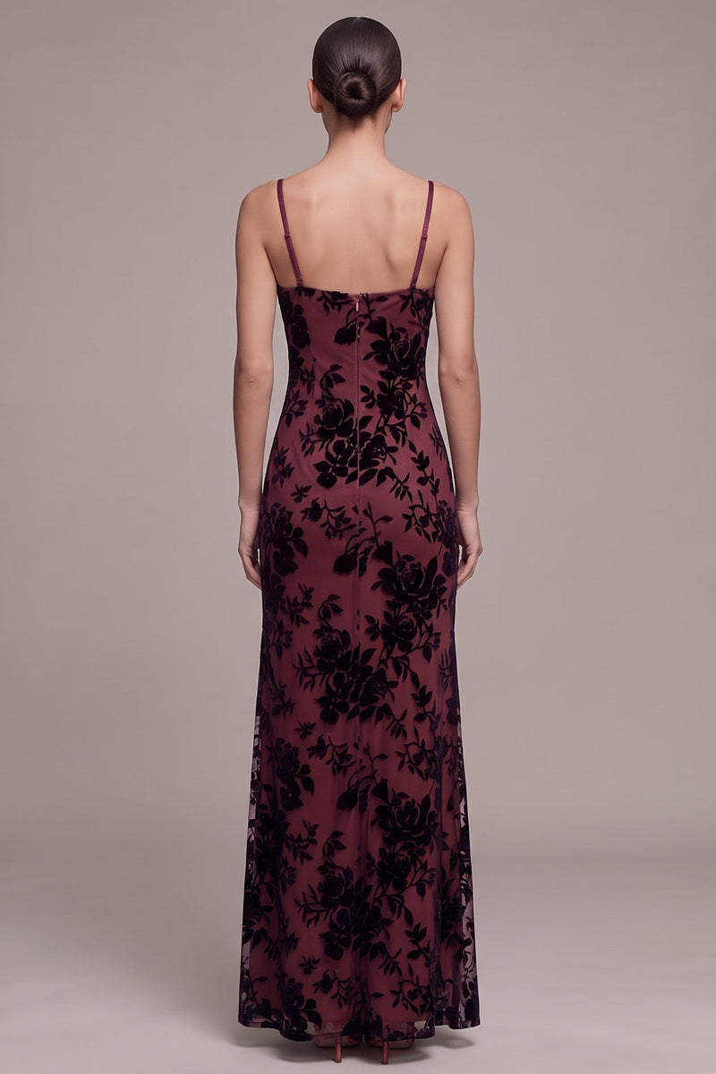 Load image into Gallery viewer, Floral Burgundy Spaghetti Straps Sheath Long Formal Dress with Slit