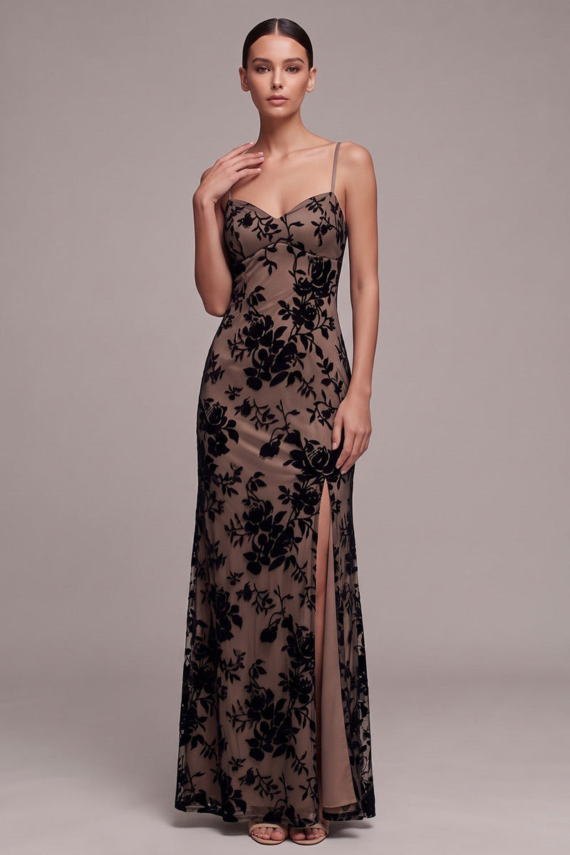 Load image into Gallery viewer, Floral Burgundy Spaghetti Straps Sheath Long Formal Dress with Slit