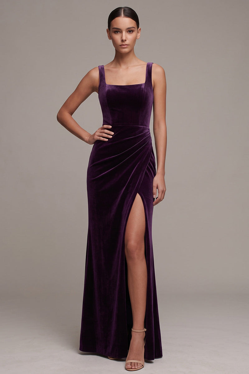 Load image into Gallery viewer, Plum Ruched Mermaid Square Neck Velvet Long Formal Dress with Slit