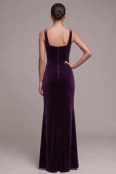 Plum Ruched Mermaid Square Neck Velvet Long Formal Dress with Slit