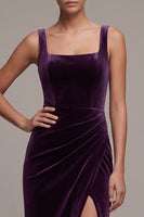Load image into Gallery viewer, Plum Ruched Mermaid Square Neck Velvet Long Formal Dress with Slit