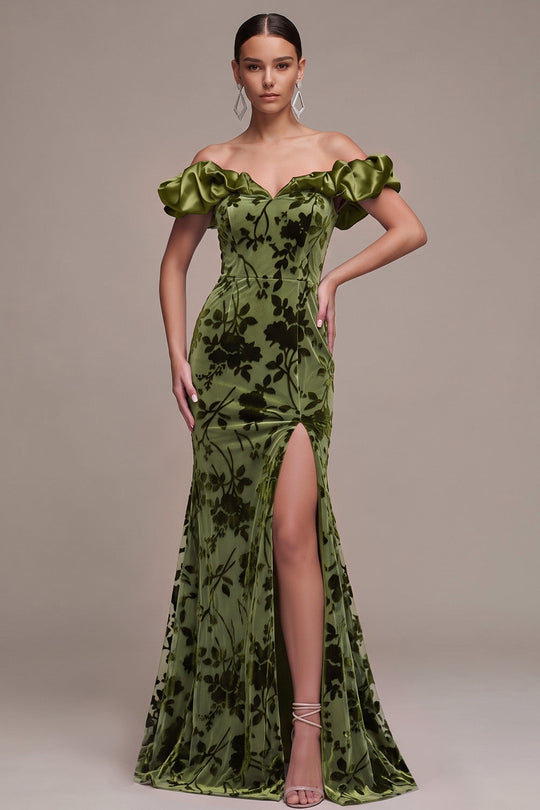 Floral Olive Off the Shoulder Mermaid Velvet Long Formal Dress with Slit