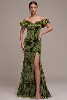 Load image into Gallery viewer, Floral Olive Off the Shoulder Mermaid Velvet Long Formal Dress with Slit