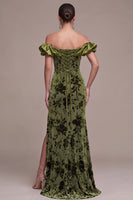 Load image into Gallery viewer, Floral Olive Off the Shoulder Mermaid Velvet Long Formal Dress with Slit