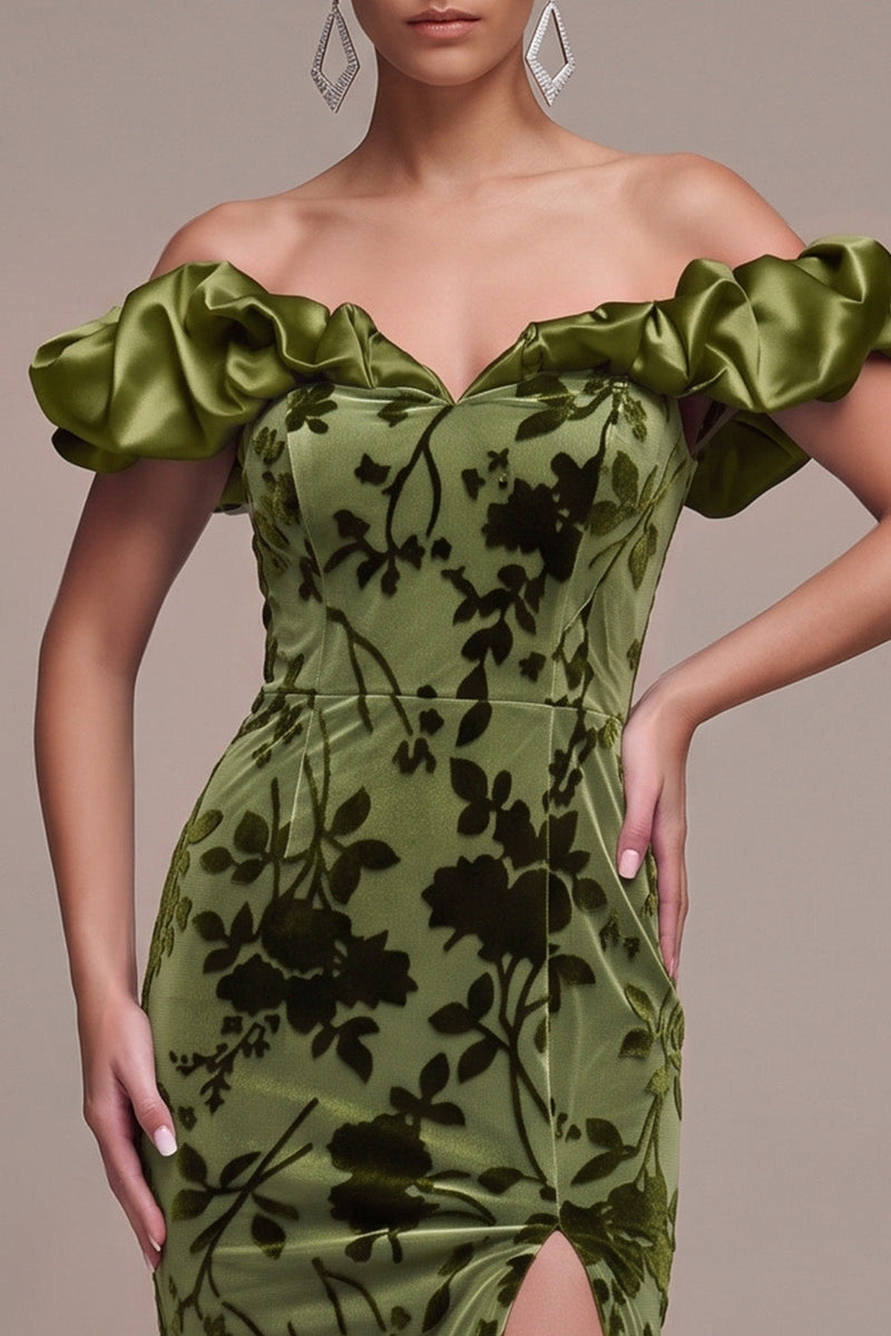 Load image into Gallery viewer, Floral Olive Off the Shoulder Mermaid Velvet Long Formal Dress with Slit