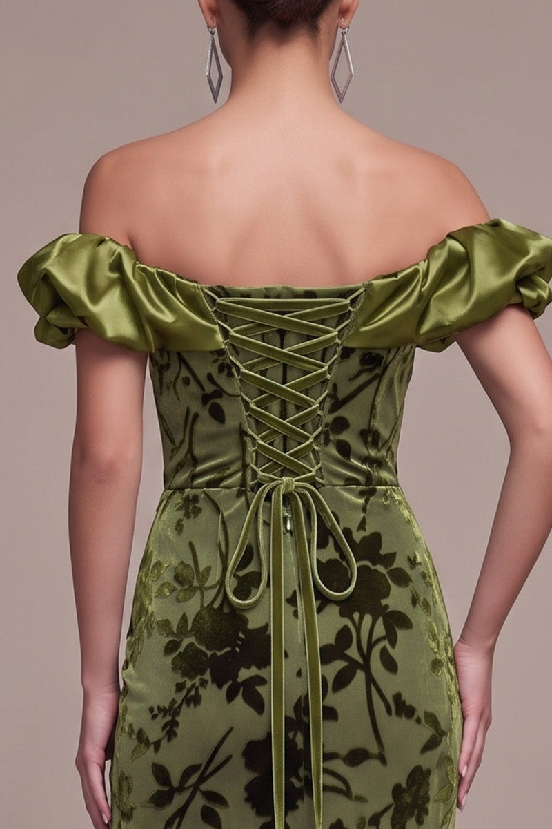Load image into Gallery viewer, Floral Olive Off the Shoulder Mermaid Velvet Long Formal Dress with Slit