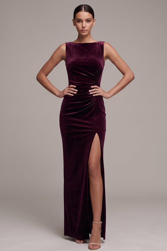 Mermaid Cabernet Bateau Neck Ruched Velvet Long Formal Dress with Slit