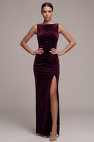 Load image into Gallery viewer, Mermaid Cabernet Bateau Neck Ruched Velvet Long Formal Dress with Slit