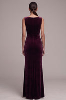 Load image into Gallery viewer, Mermaid Cabernet Bateau Neck Ruched Velvet Long Formal Dress with Slit