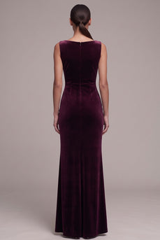 Mermaid Cabernet Bateau Neck Ruched Velvet Long Formal Dress with Slit