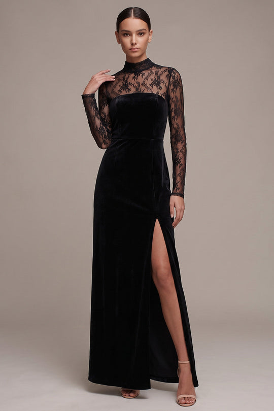 Floral Black Sheath High Neck Velvet Long Sleeves Formal Dress with Slit