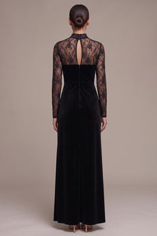 Floral Black Sheath High Neck Velvet Long Sleeves Formal Dress with Slit