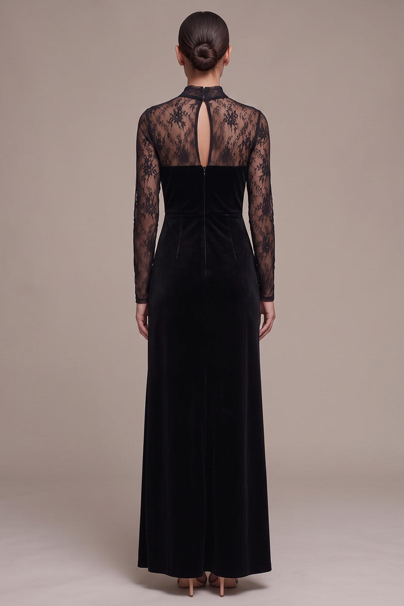 Load image into Gallery viewer, Floral Black Sheath High Neck Velvet Long Sleeves Formal Dress with Slit