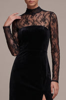 Load image into Gallery viewer, Floral Black Sheath High Neck Velvet Long Sleeves Formal Dress with Slit