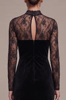 Load image into Gallery viewer, Floral Black Sheath High Neck Velvet Long Sleeves Formal Dress with Slit