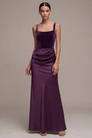 Load image into Gallery viewer, Corset Plum Mermaid Ruched Velvet Square Neck Long Formal Dress