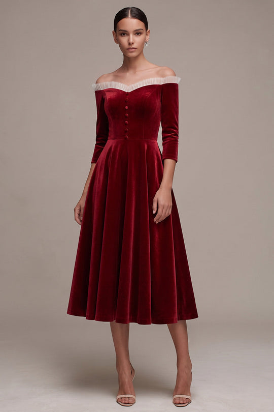 Burgundy Off the Shoulder A-Line Velvet Midi Formal Dress with Buttons