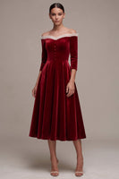 Load image into Gallery viewer, Burgundy Off the Shoulder A-Line Velvet Midi Formal Dress with Buttons