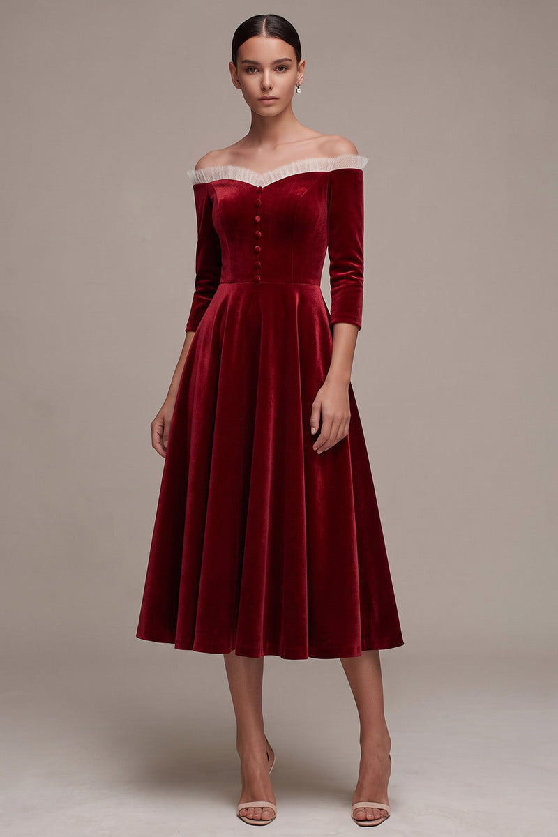 Load image into Gallery viewer, Burgundy Off the Shoulder A-Line Velvet Midi Formal Dress with Buttons