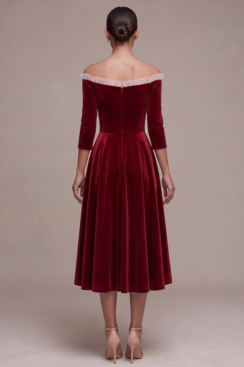 Load image into Gallery viewer, Burgundy Off the Shoulder A-Line Velvet Midi Formal Dress with Buttons