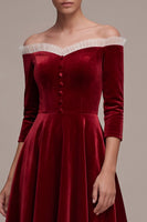 Load image into Gallery viewer, Burgundy Off the Shoulder A-Line Velvet Midi Formal Dress with Buttons