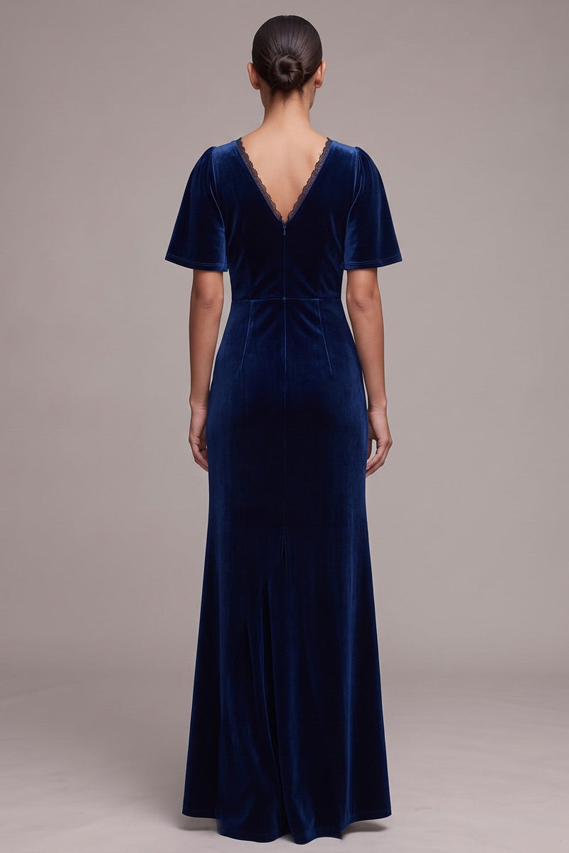 Load image into Gallery viewer, Sheath Navy Velvet V-Neck Long Formal Dress with Slit