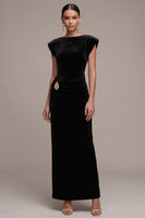 Load image into Gallery viewer, Velvet Black Cap Sleeves Sheath Ruched Long Formal Dress with Rhinestone