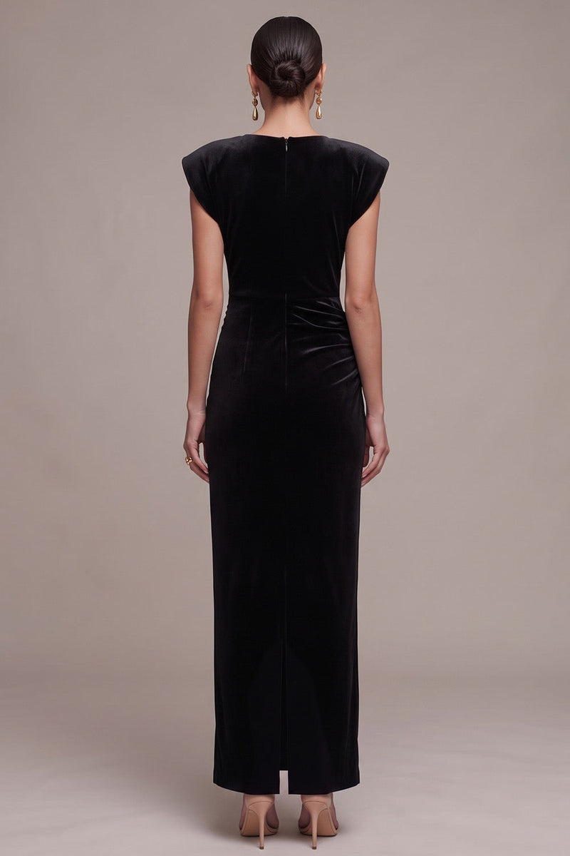 Load image into Gallery viewer, Velvet Black Cap Sleeves Sheath Ruched Long Formal Dress with Rhinestone