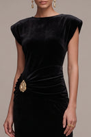 Load image into Gallery viewer, Velvet Black Cap Sleeves Sheath Ruched Long Formal Dress with Rhinestone