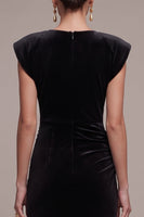 Load image into Gallery viewer, Velvet Black Cap Sleeves Sheath Ruched Long Formal Dress with Rhinestone