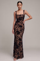 Load image into Gallery viewer, Floral Coffee Mermaid Square Neck Long Formal Dress